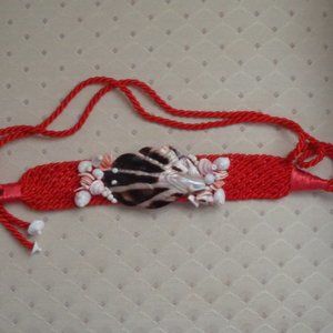 Vintage Red Cord Belt Adorned with Shells Fits 26-38